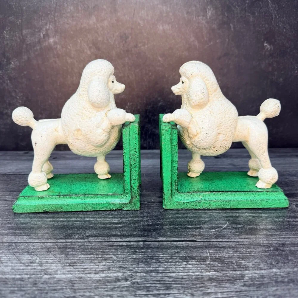 Cast Iron White Poodle Dog Bookends Pair Vintage Style Midcentury MCM Heavy